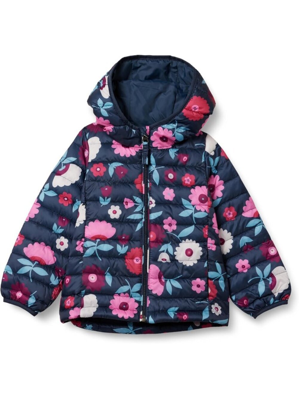 Kids Girls Navy Floral Nylon Lightweight Packable Hooded Stylish Puffer Jacket